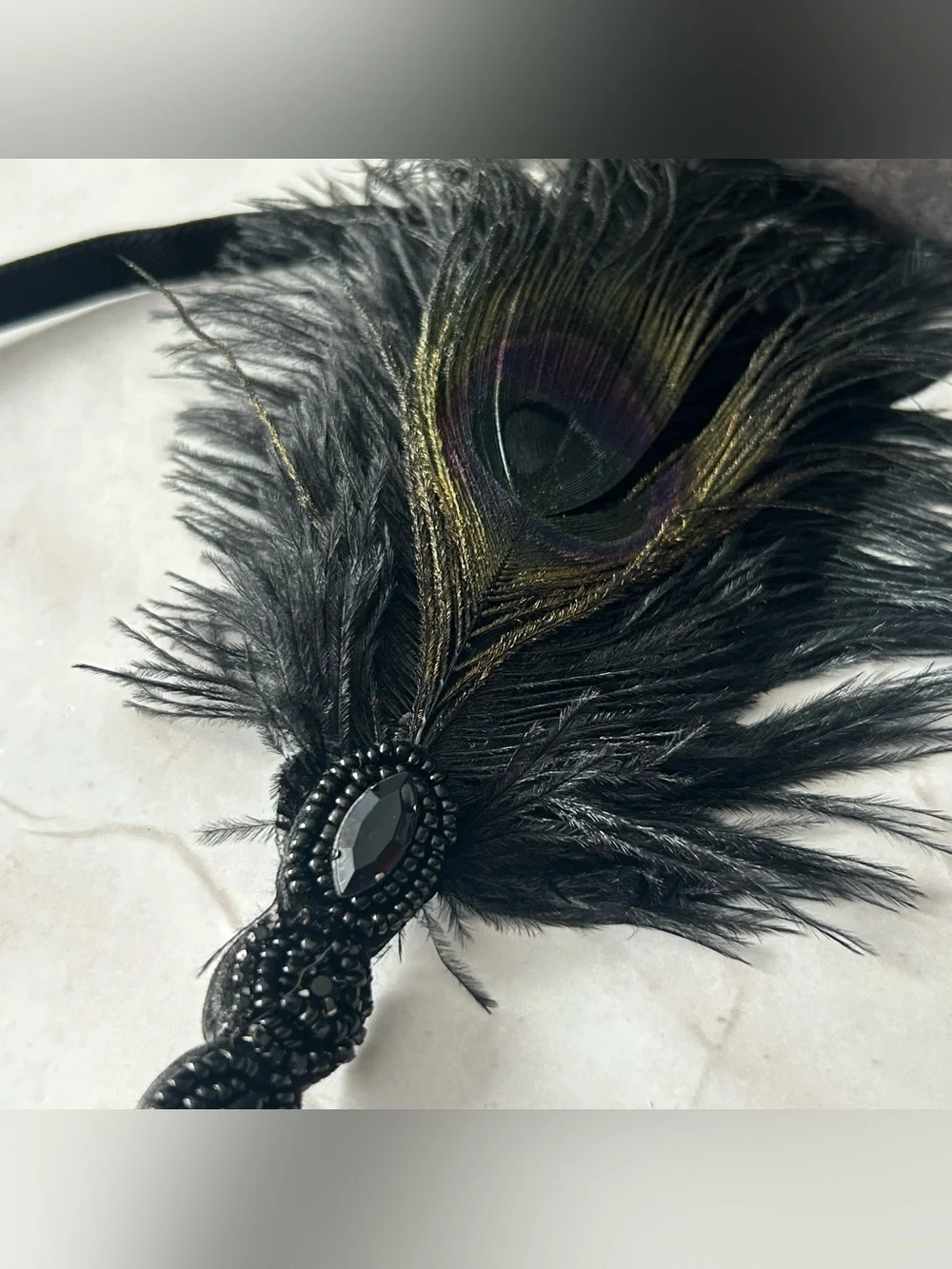 Black Beaded Feather Headband with Peacock Accent